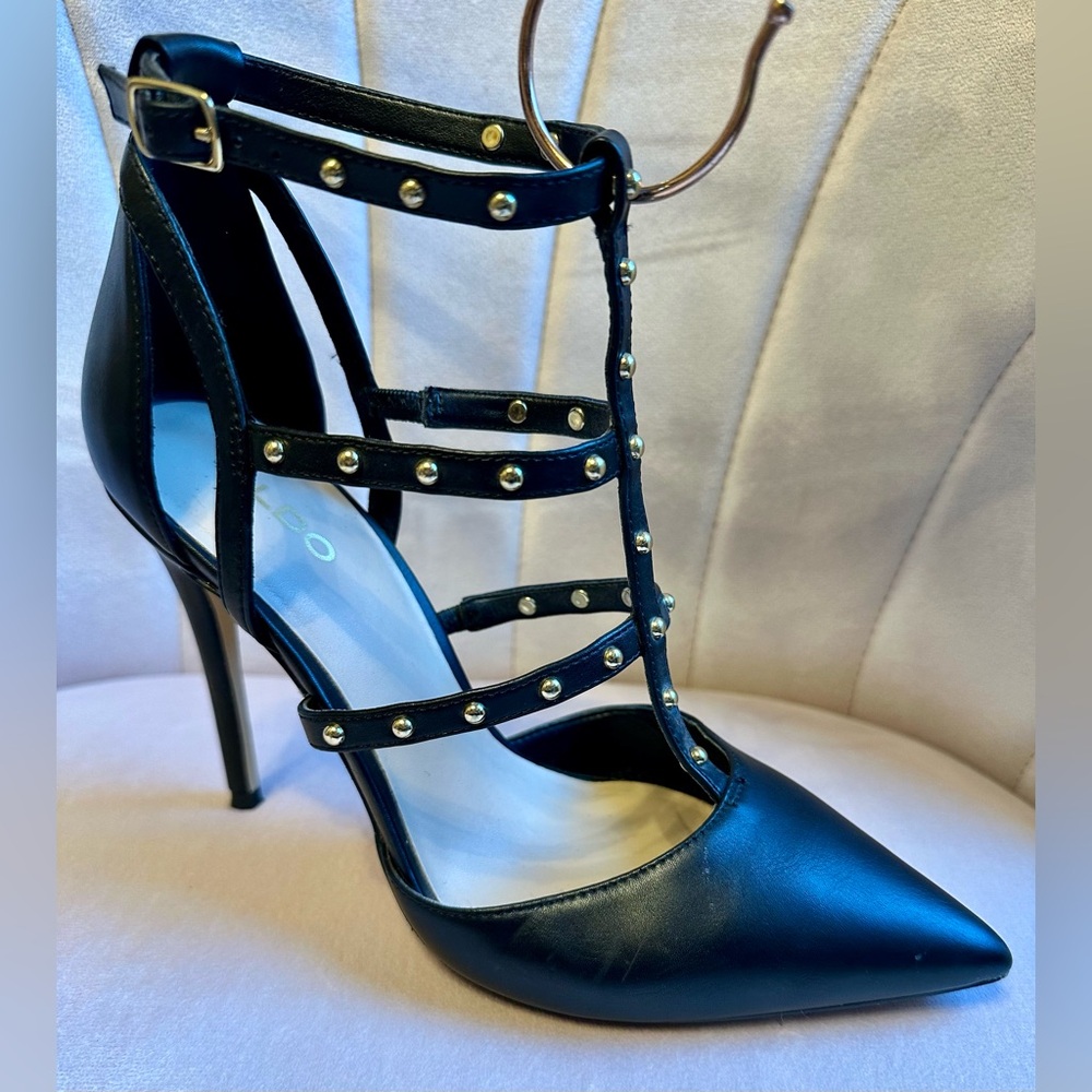 Aldo Black Pointed-Strap Studded High Heel
